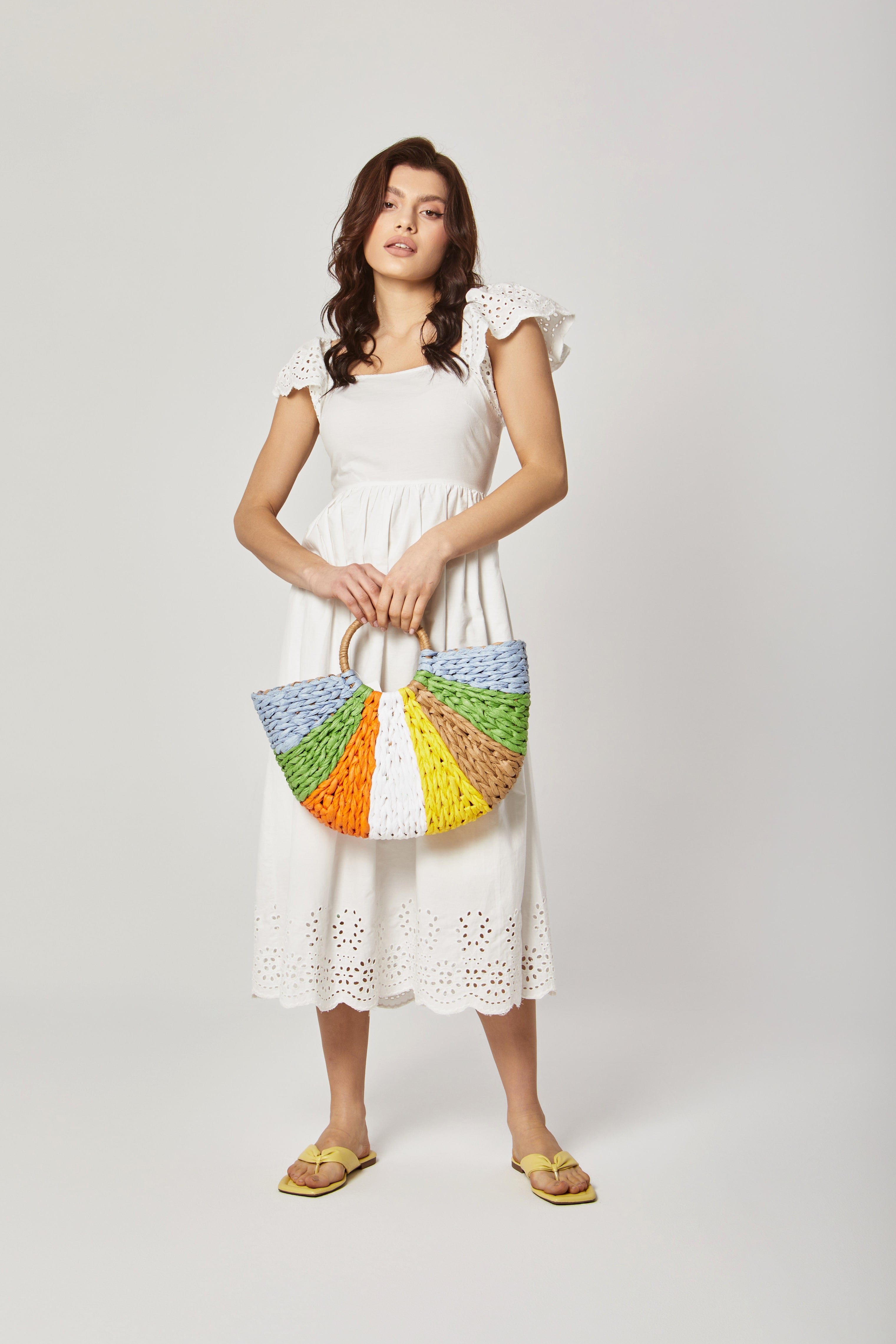 داليدرس فستان ميدي سادة مخصر كم قصير مخرم نسائي أبيض