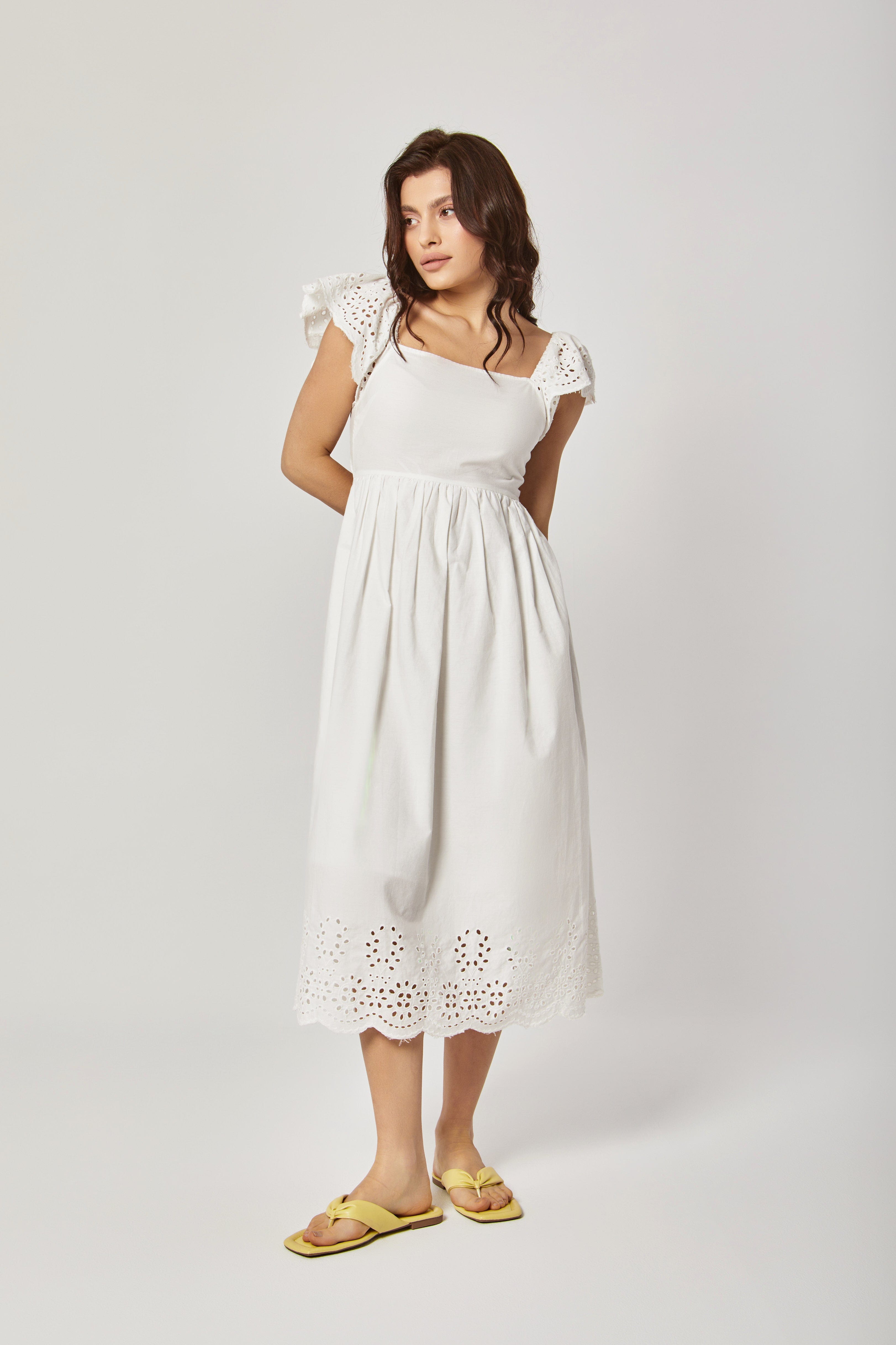 داليدرس فستان ميدي سادة مخصر كم قصير مخرم نسائي أبيض