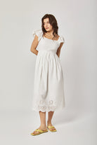 داليدرس فستان ميدي سادة مخصر كم قصير مخرم نسائي أبيض