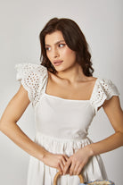 داليدرس فستان ميدي سادة مخصر كم قصير مخرم نسائي أبيض