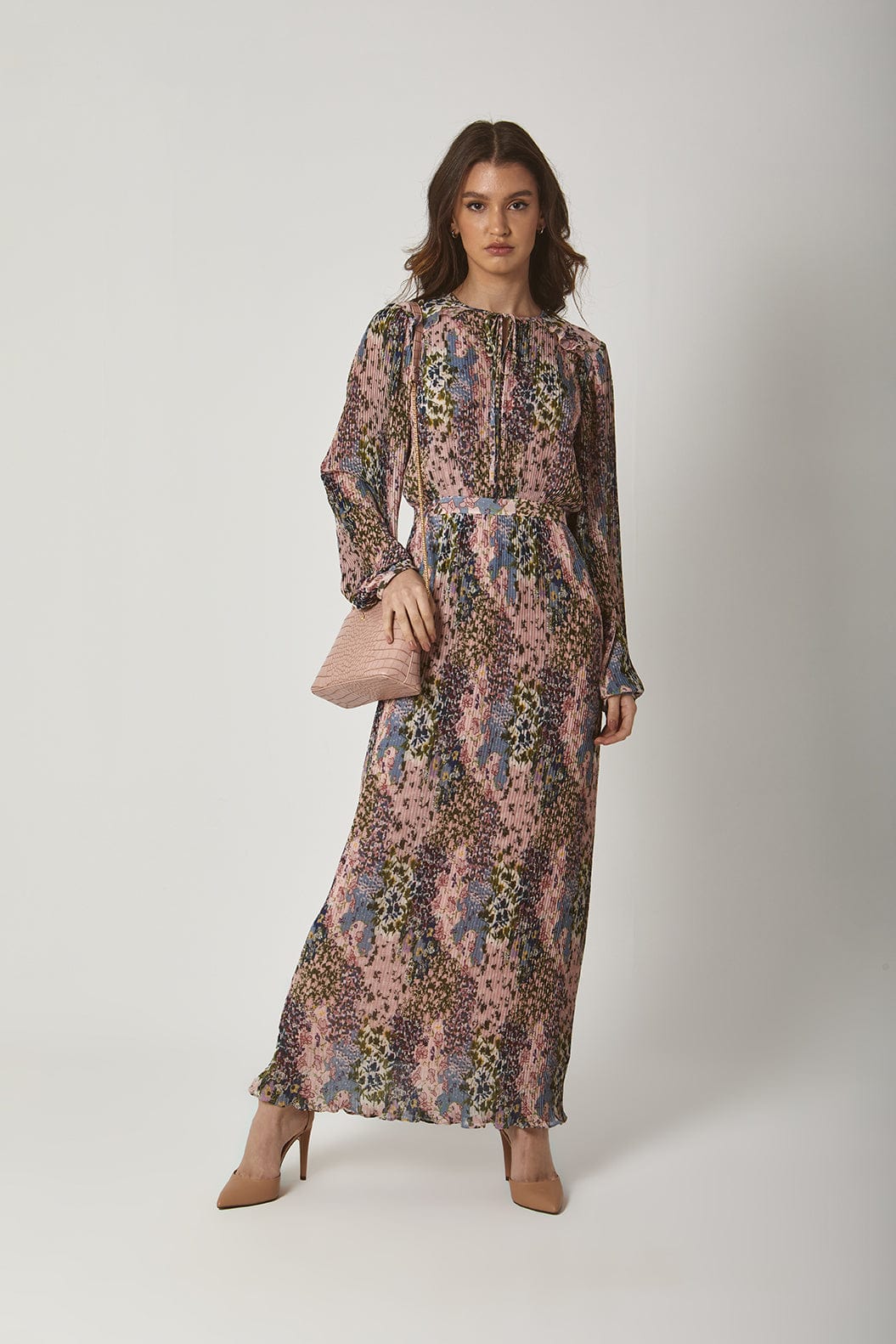 داليدرس فستان طويل منقوش مخصر كم طويل بف نسائي متعدد الألوان