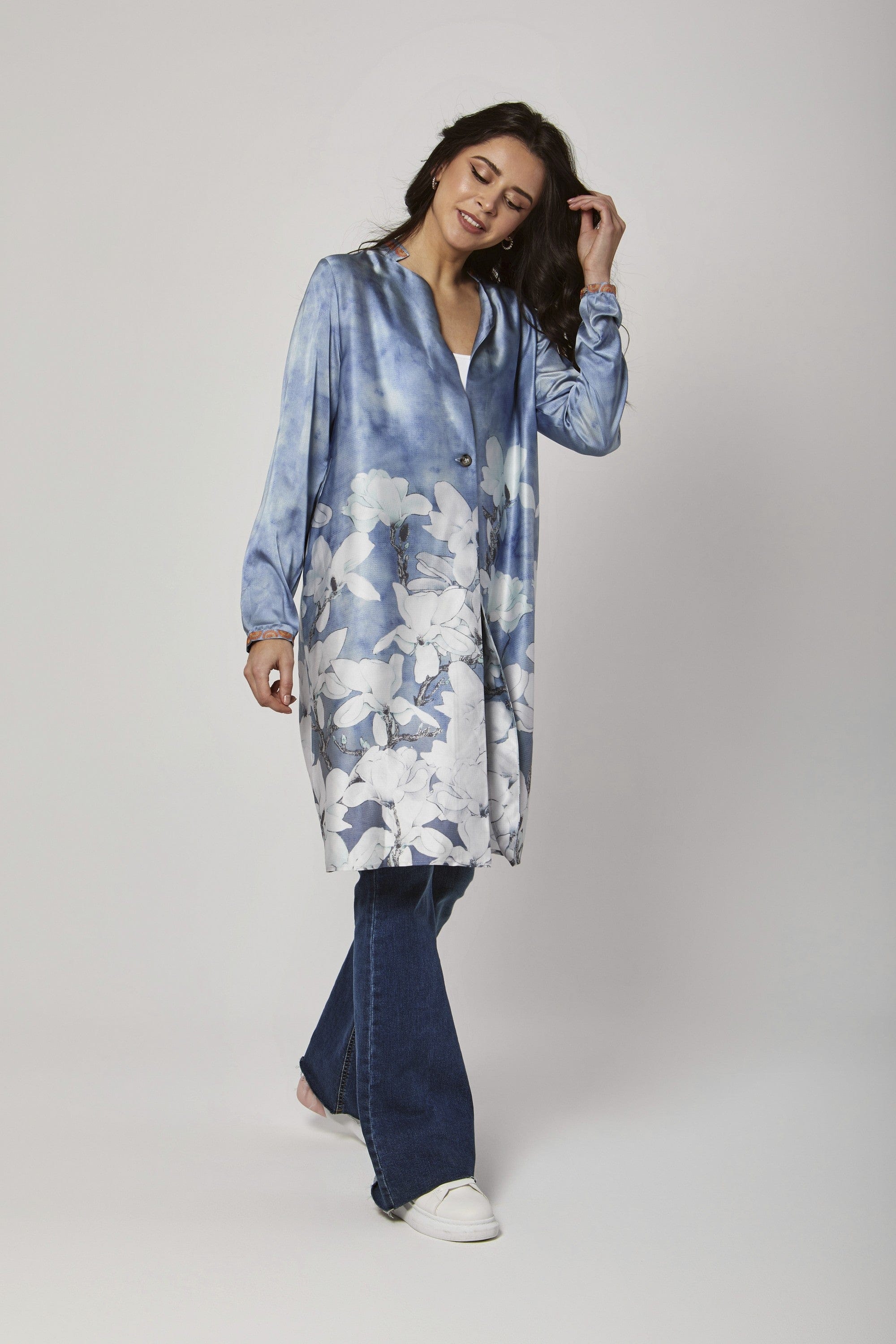 داليدرس فستان قصير ناعم مشجر كم طويل أزرق