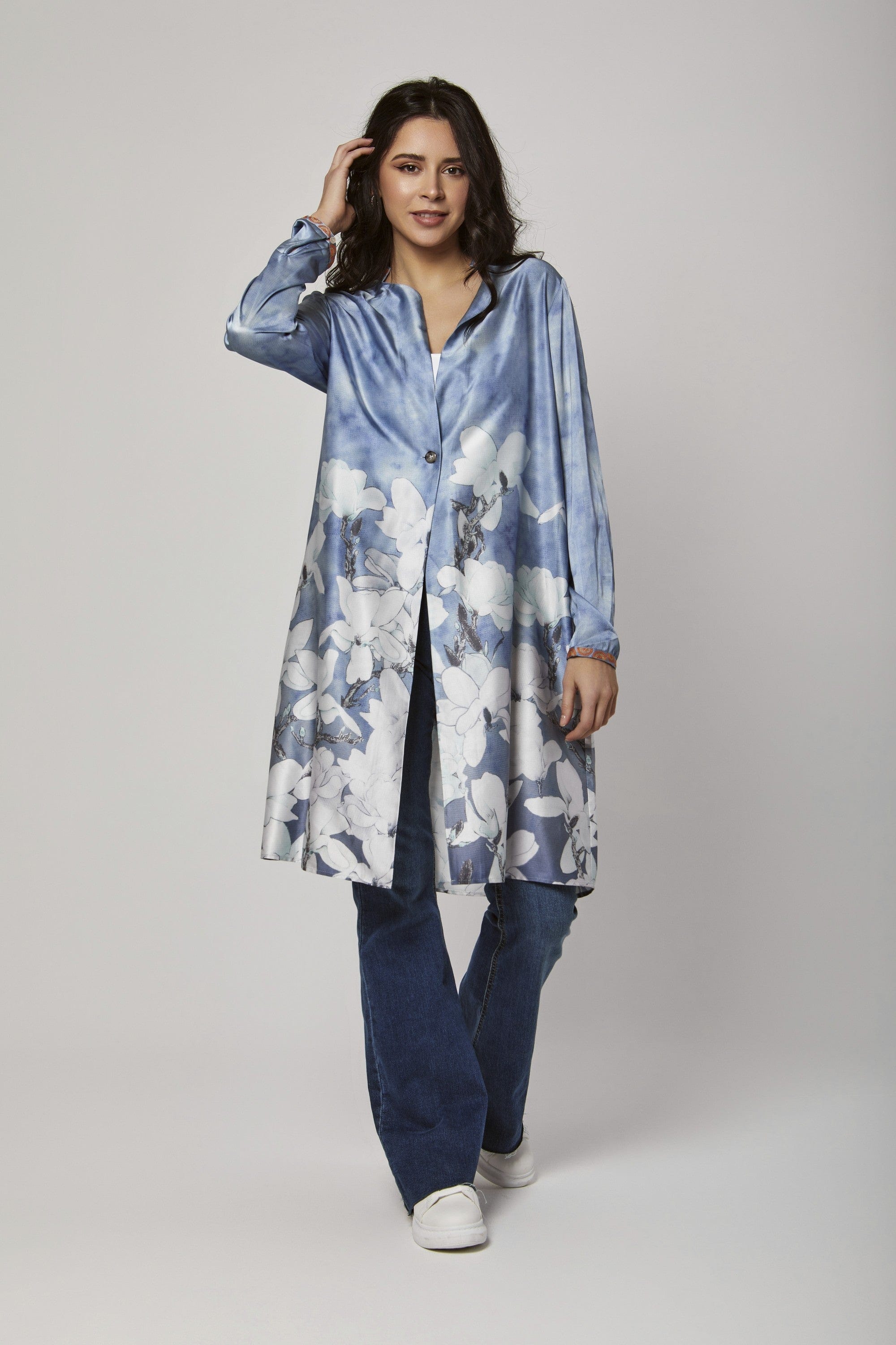 داليدرس فستان قصير ناعم مشجر كم طويل أزرق