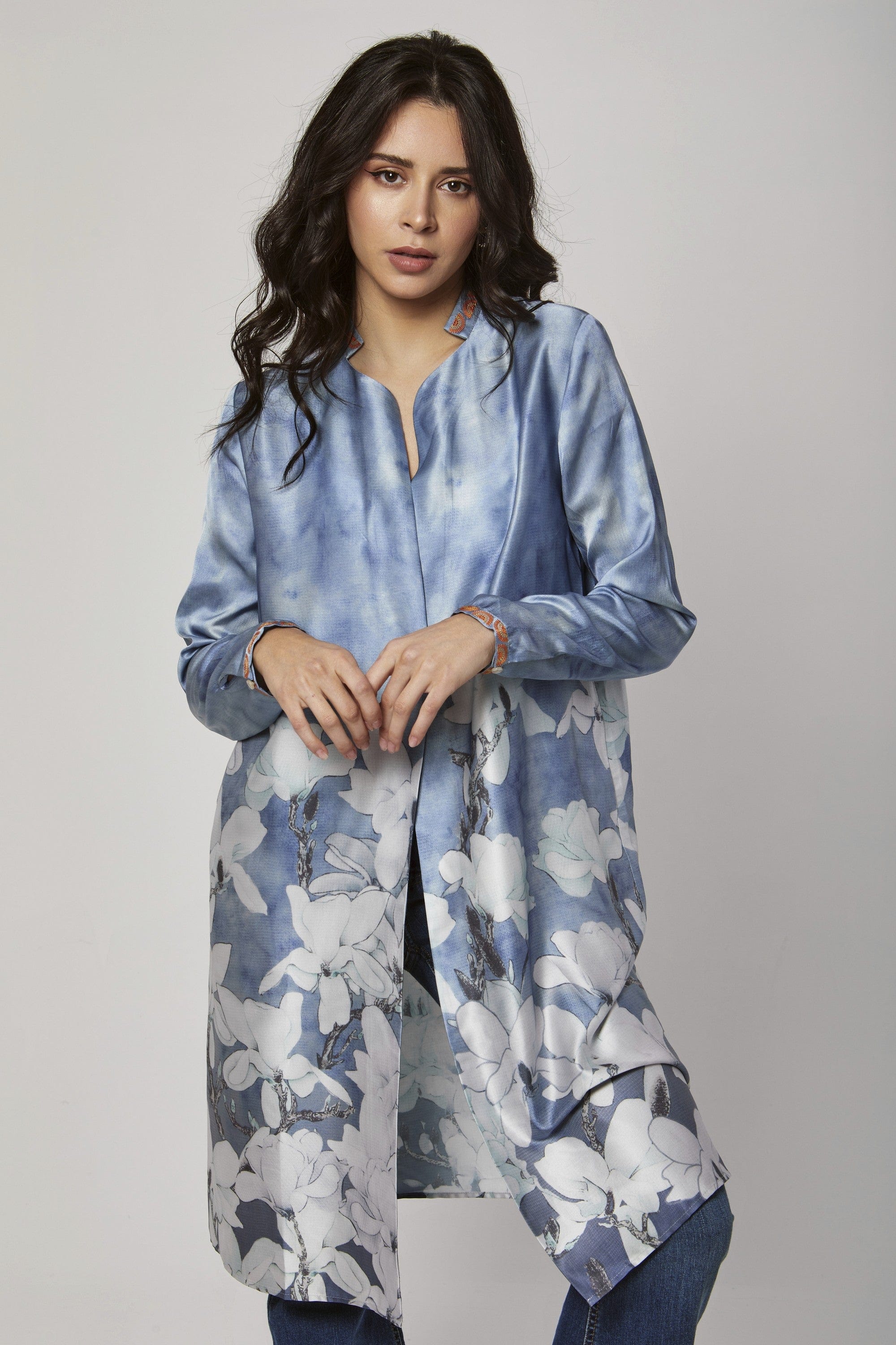 داليدرس فستان قصير ناعم مشجر كم طويل أزرق