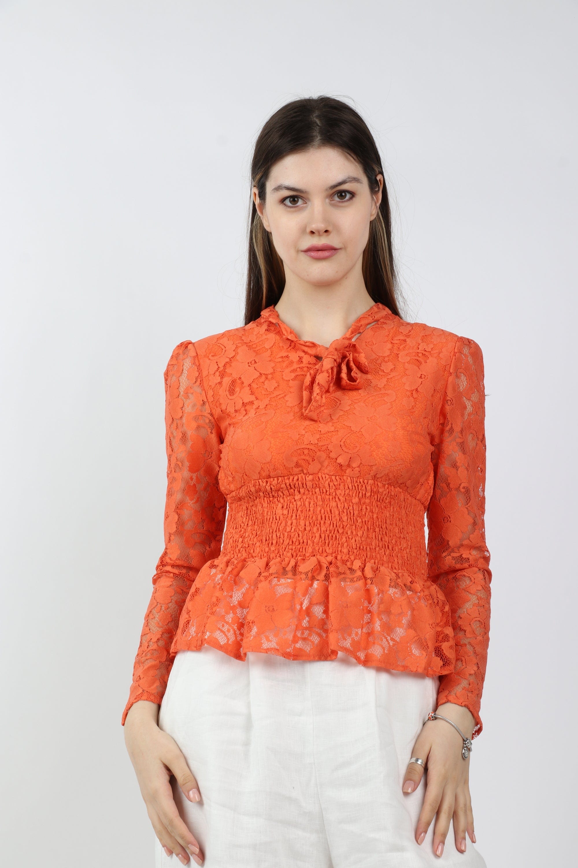 داليدرس بلوزة مخصرة دانتيل كم طويل نسائي برتقالي