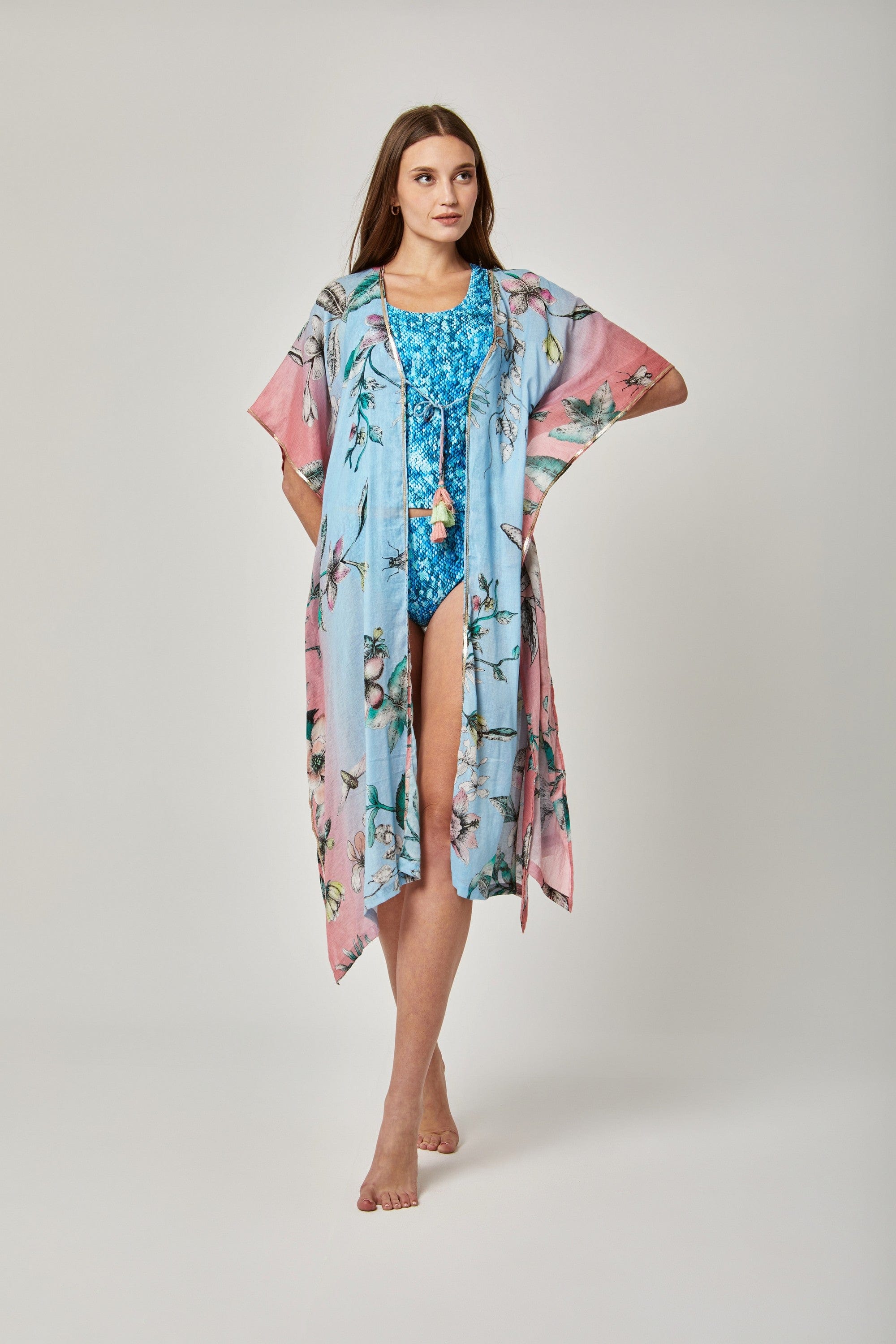 داليدرس فستان مفتوح طويل مشجر كم قصير فراشة واسع أزرق مائل للأخضر/وردي