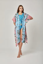 داليدرس فستان مفتوح طويل مشجر كم قصير فراشة واسع أزرق مائل للأخضر/وردي