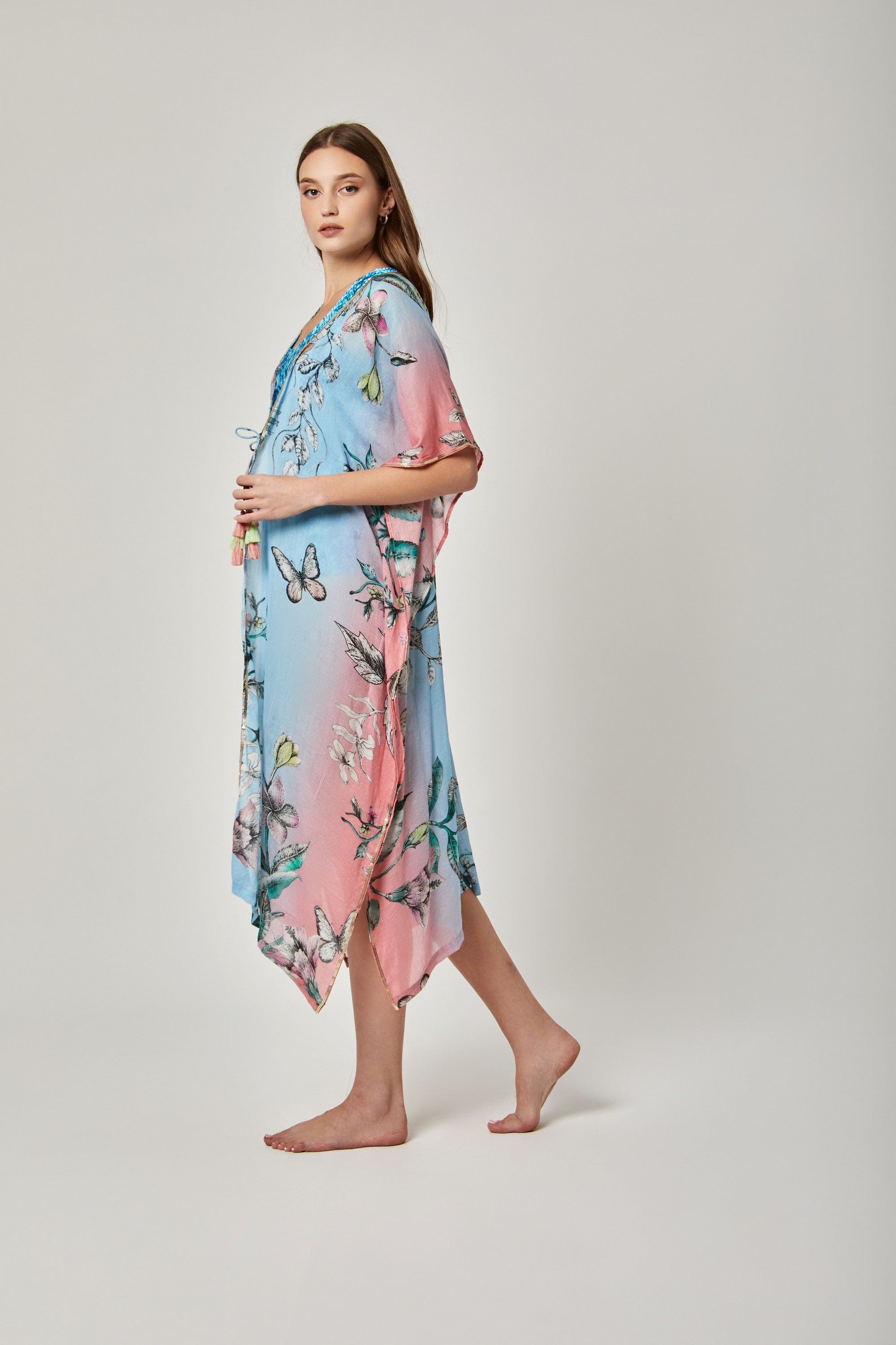 داليدرس فستان مفتوح طويل مشجر كم قصير فراشة واسع أزرق مائل للأخضر/وردي