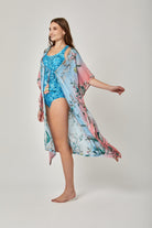 داليدرس فستان مفتوح طويل مشجر كم قصير فراشة واسع أزرق مائل للأخضر/وردي