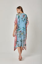 داليدرس فستان مفتوح طويل مشجر كم قصير فراشة واسع أزرق مائل للأخضر/وردي