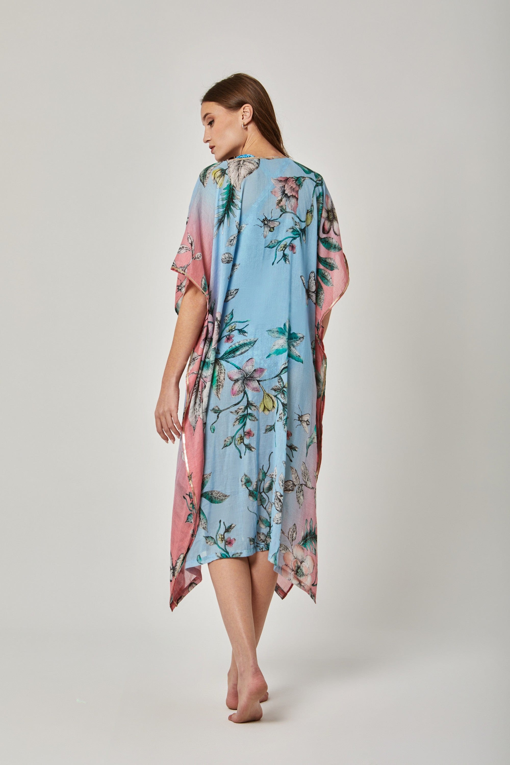 داليدرس فستان مفتوح طويل مشجر كم قصير فراشة واسع أزرق مائل للأخضر/وردي