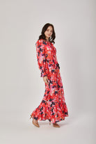 داليدرس فستان طويل مخصر منقوش كم طويل بف بأساور نسائي أحمر