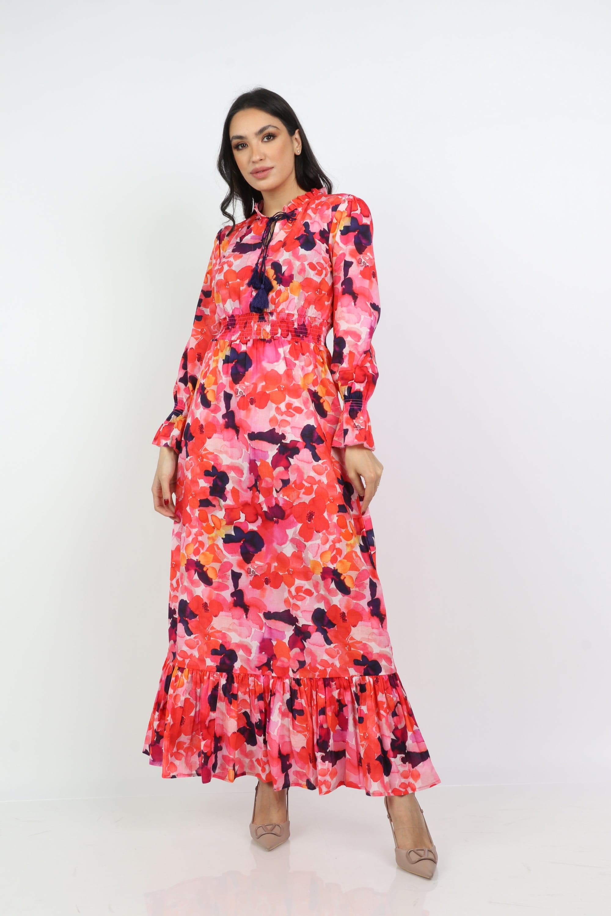 داليدرس فستان طويل مخصر منقوش كم طويل بف بأساور نسائي أحمر