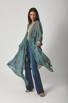 داليدرس فستان مفتوح طويل شفاف مطرز برباط خصر بكم طويل واسع