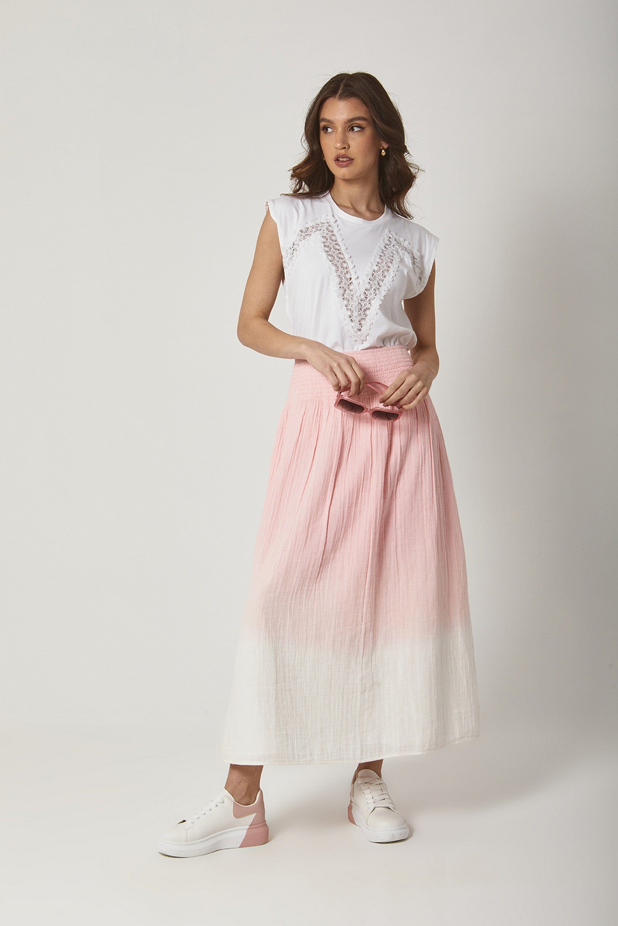 داليدرس تنورة طويلة بخصر مطاط عريض لونين أوف وايت