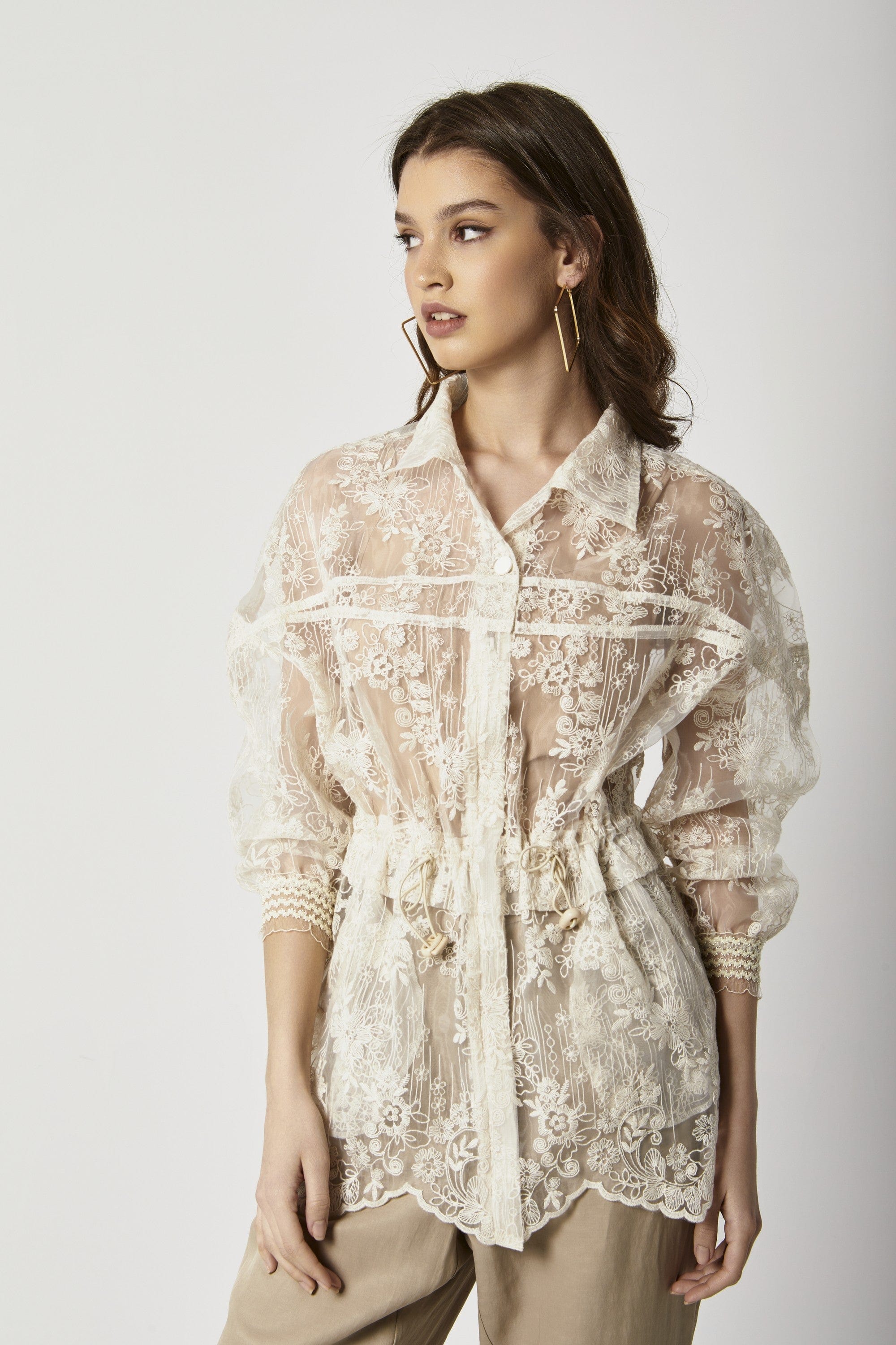 داليدرس جاكيت دانتيل بأزرار وحزام على الخصر كم طويل نسائي