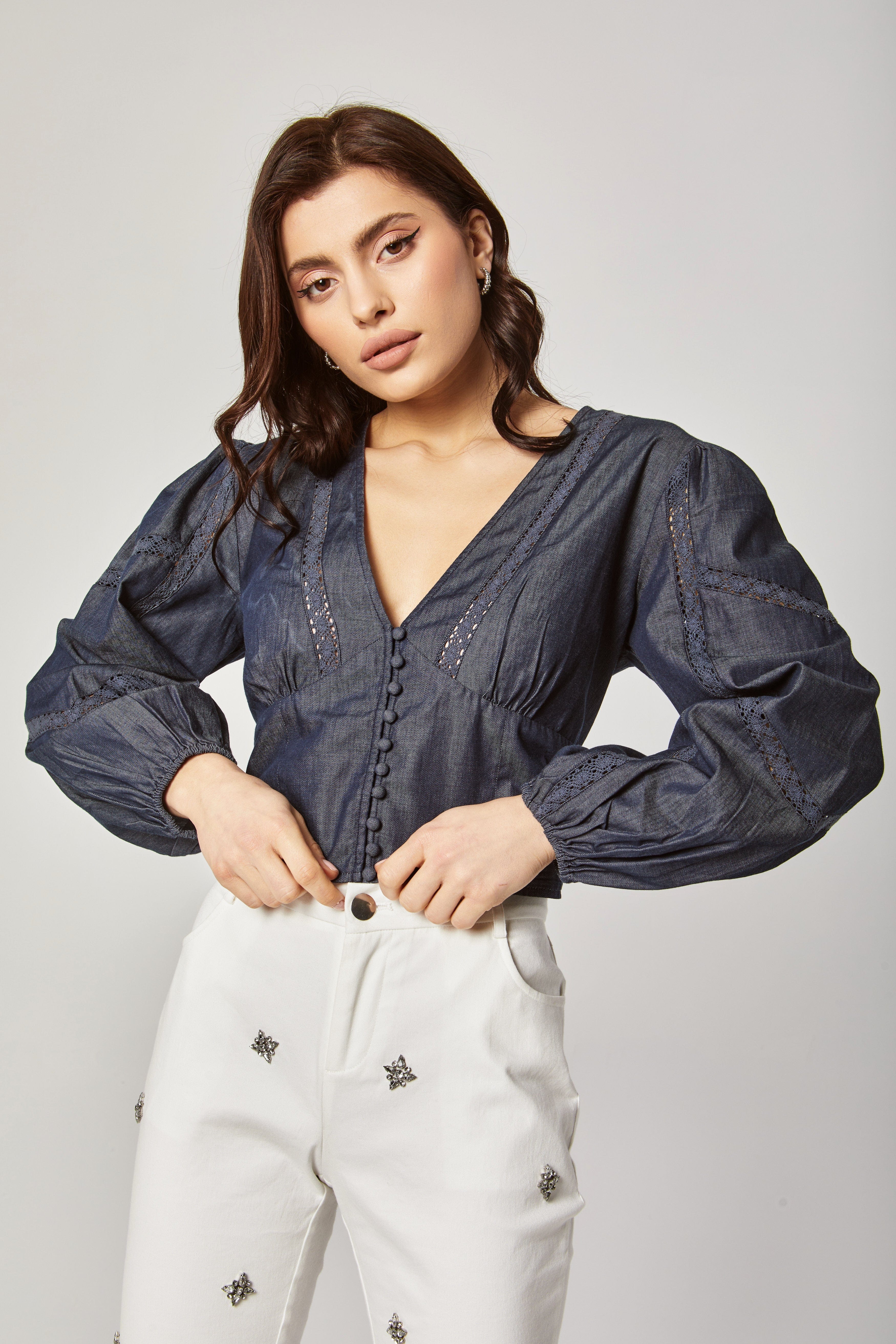 داليدرس بلوزة رسمية كم طويل بف نسائي جينز فاتح