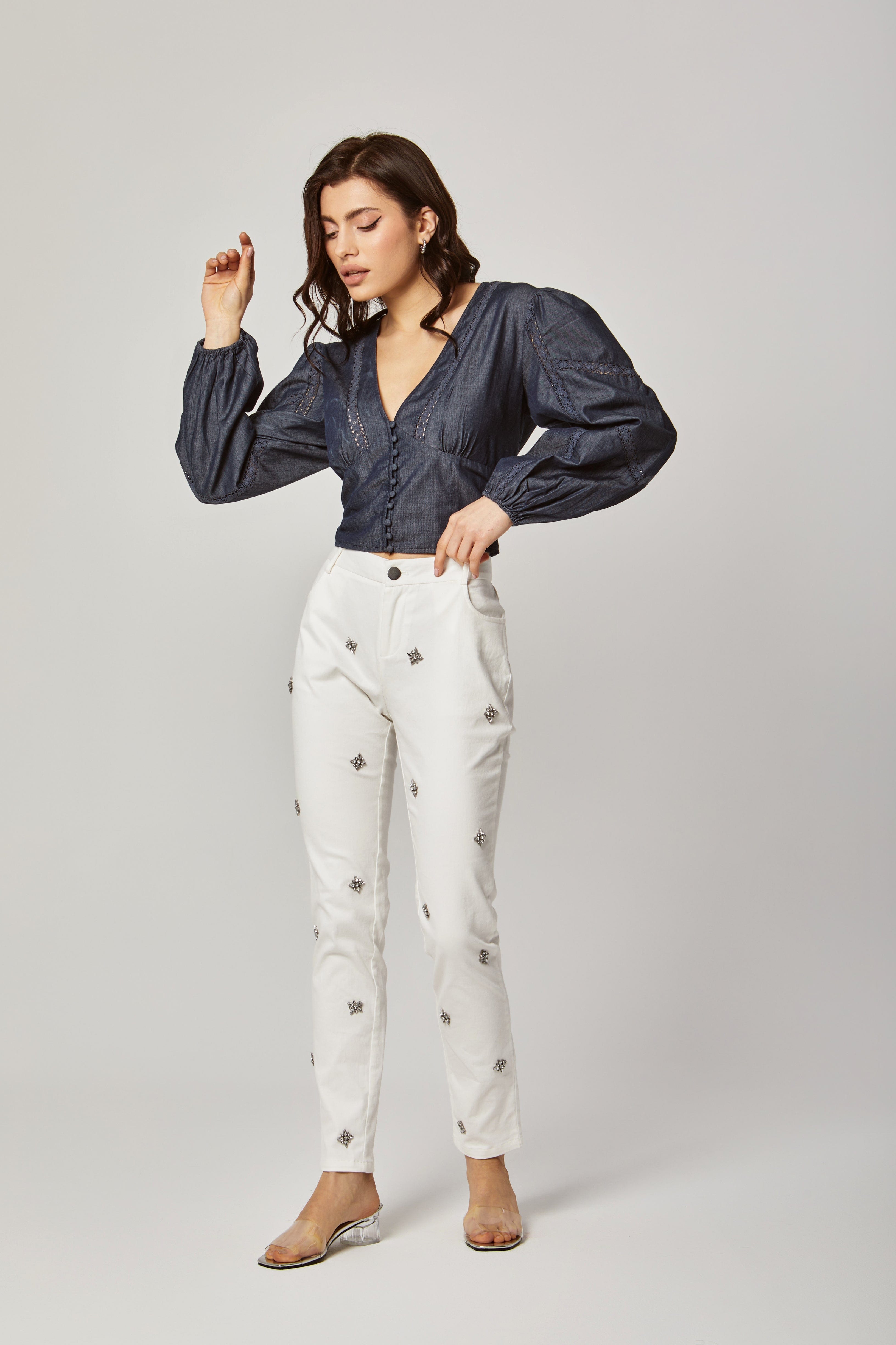 داليدرس بلوزة رسمية كم طويل بف نسائي جينز فاتح