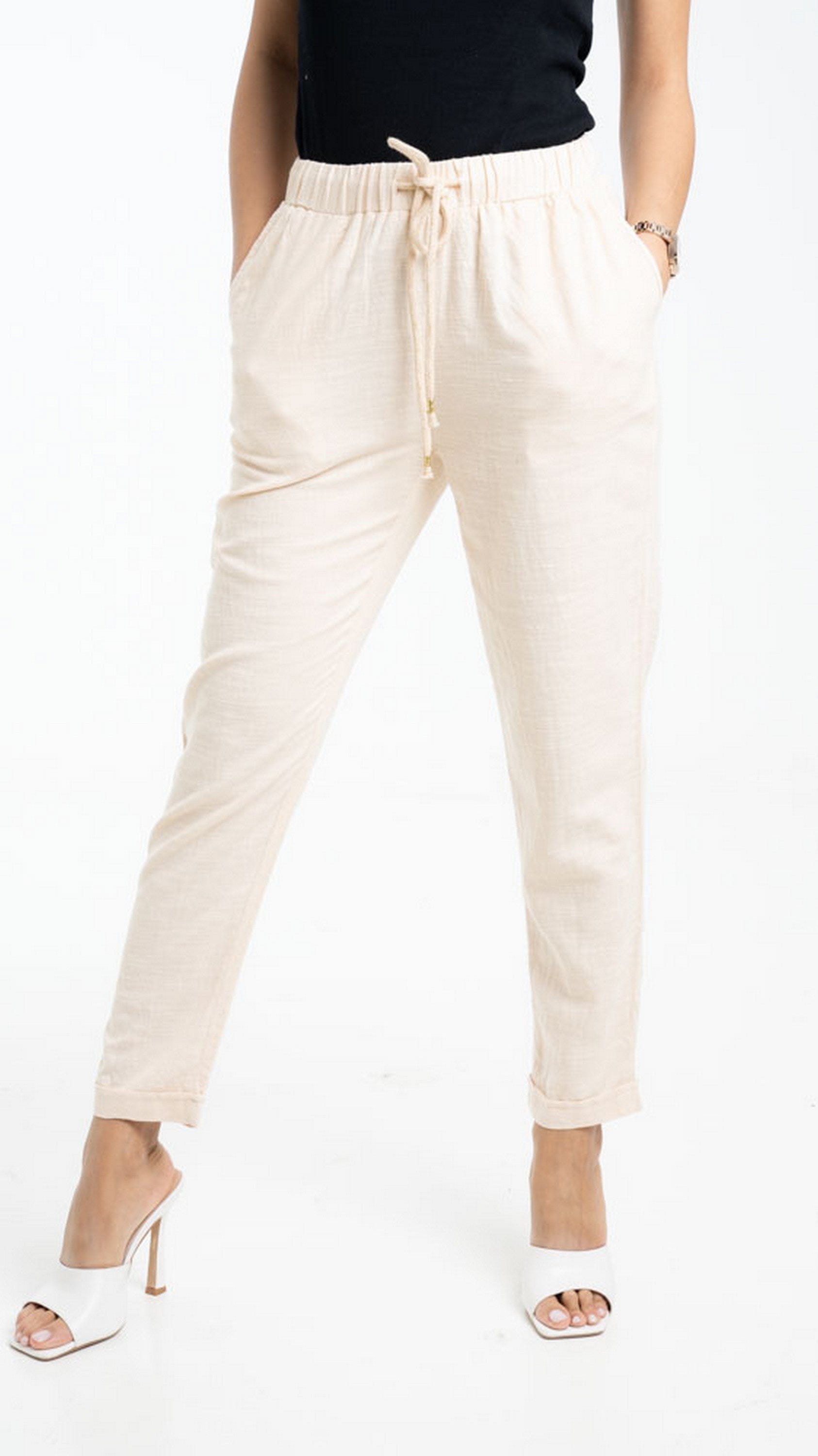 داليدرس بنطلون قماش سادة طويل برباط علي الخصر بيج غامق