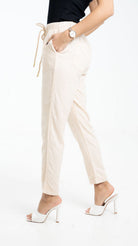 داليدرس بنطلون قماش سادة طويل برباط علي الخصر بيج غامق