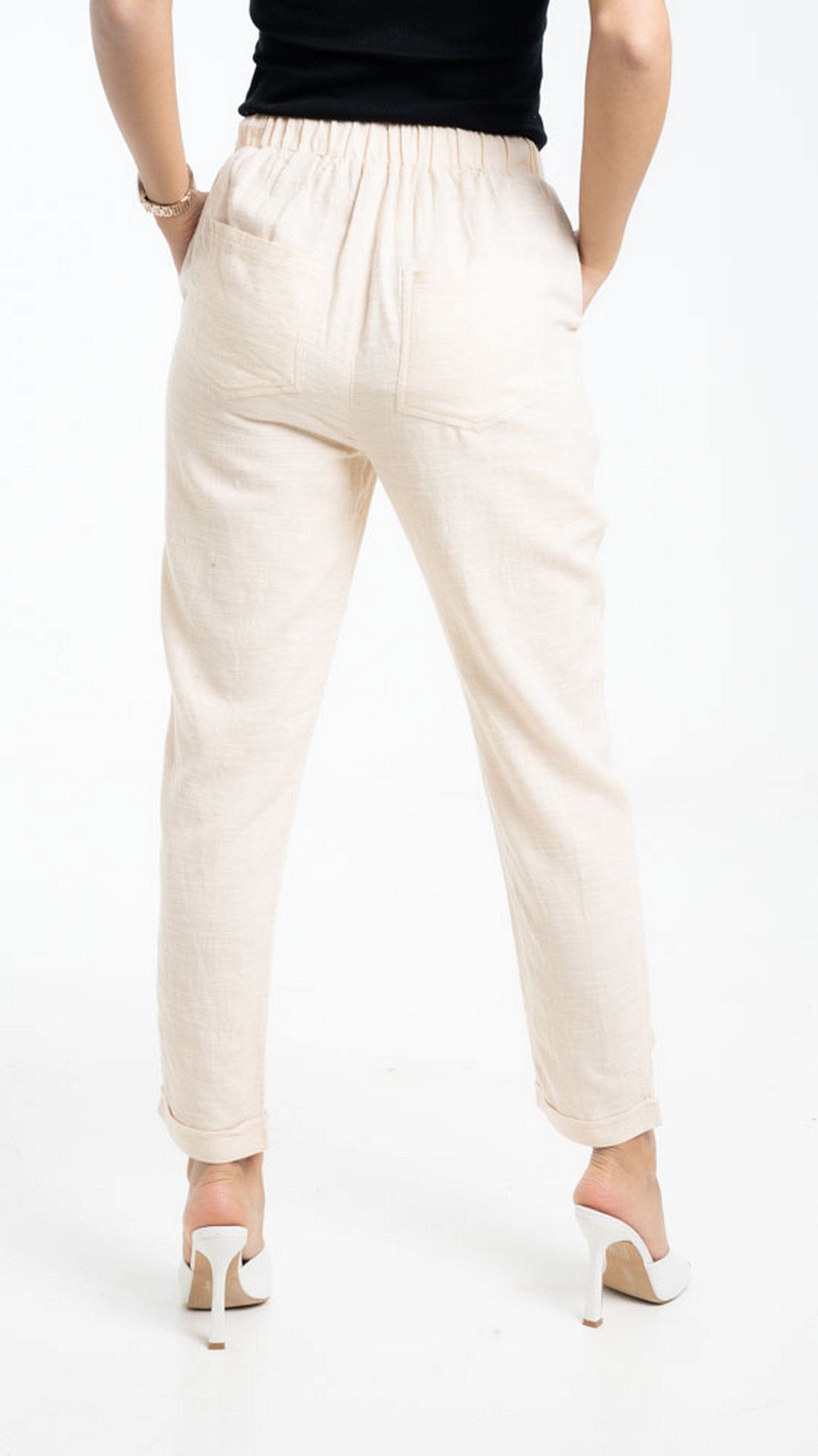 داليدرس بنطلون قماش سادة طويل برباط علي الخصر بيج غامق