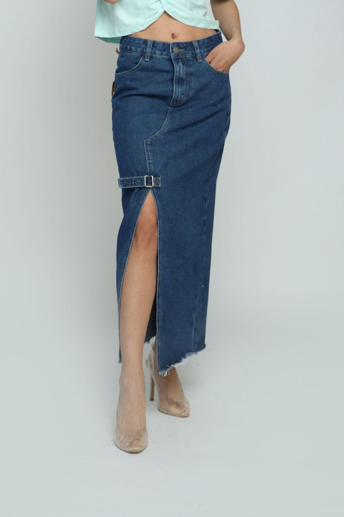 كيتشن تنورة جينز طويلة بفتحة فخذ وجيوب وحزام نسائية