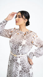 داليدرس فستان منقوش برباط على الخصر كم طويل نسائي متعدد الألوان