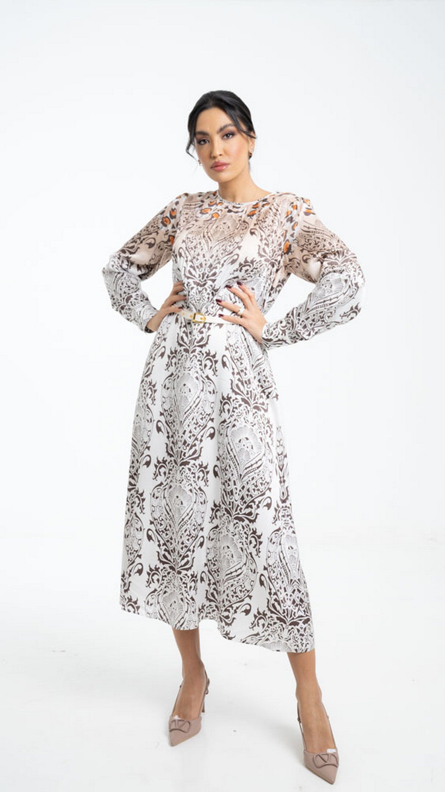 داليدرس فستان منقوش برباط على الخصر كم طويل نسائي متعدد الألوان