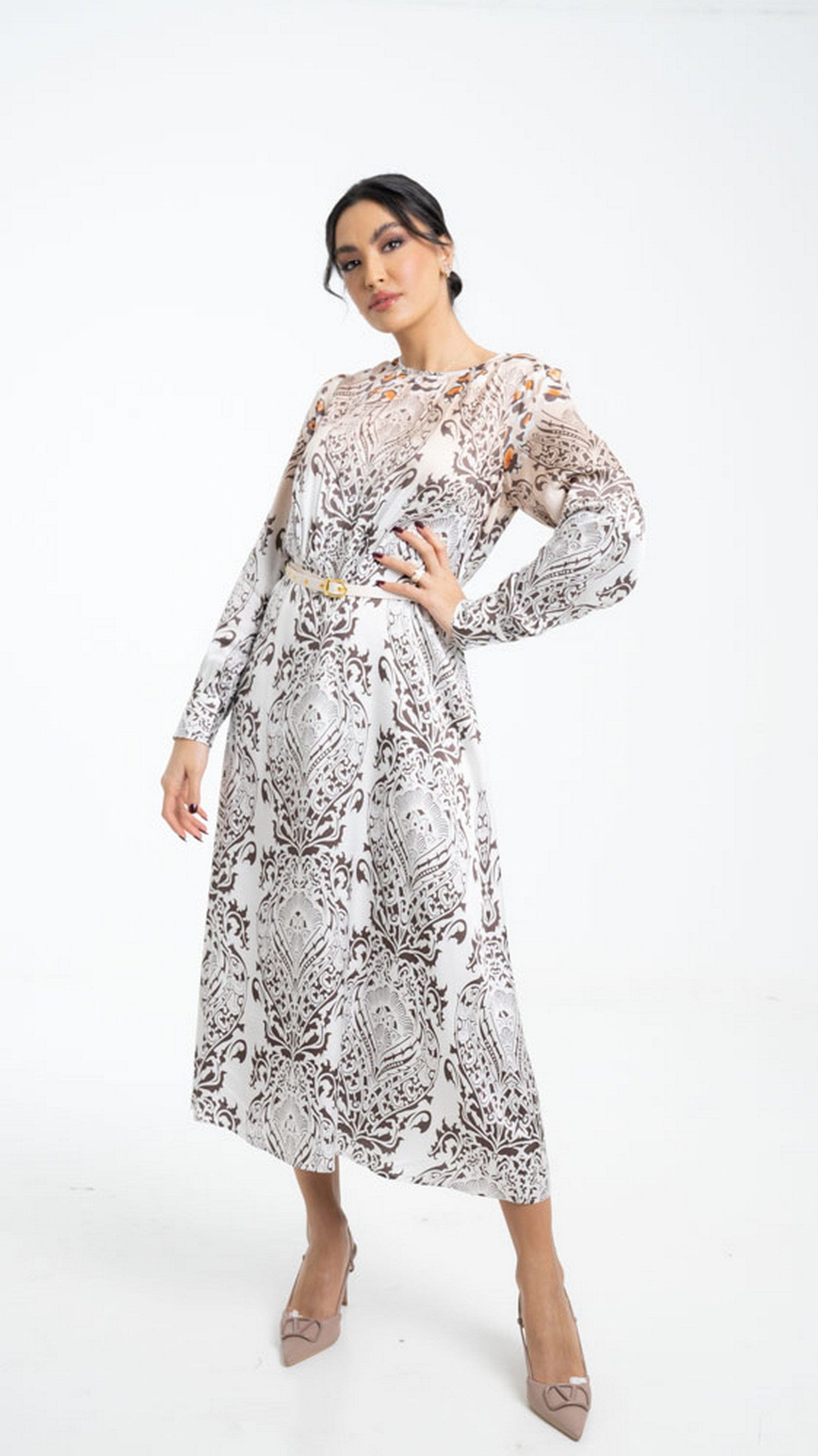 داليدرس فستان منقوش برباط على الخصر كم طويل نسائي متعدد الألوان