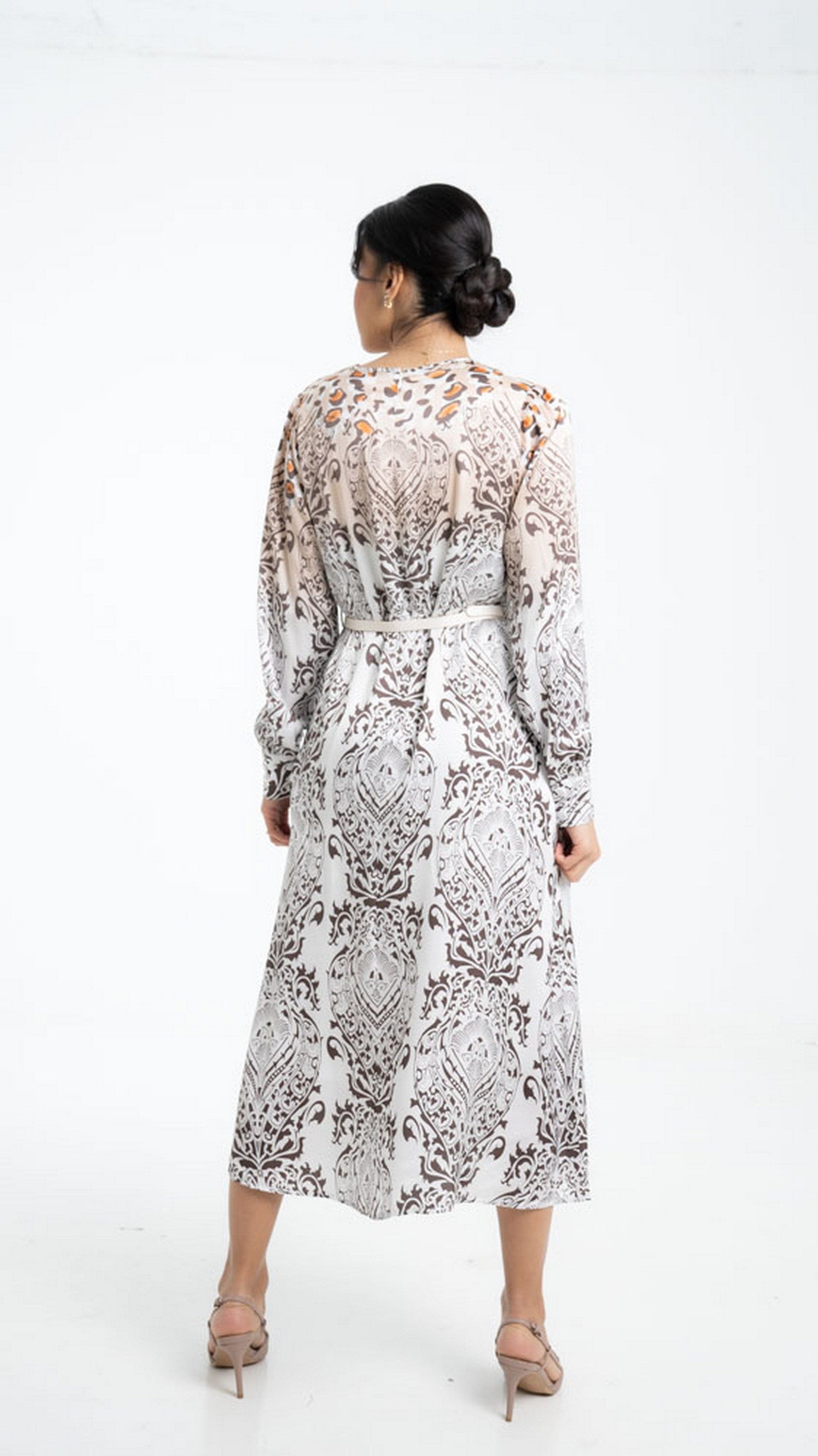 داليدرس فستان منقوش برباط على الخصر كم طويل نسائي متعدد الألوان