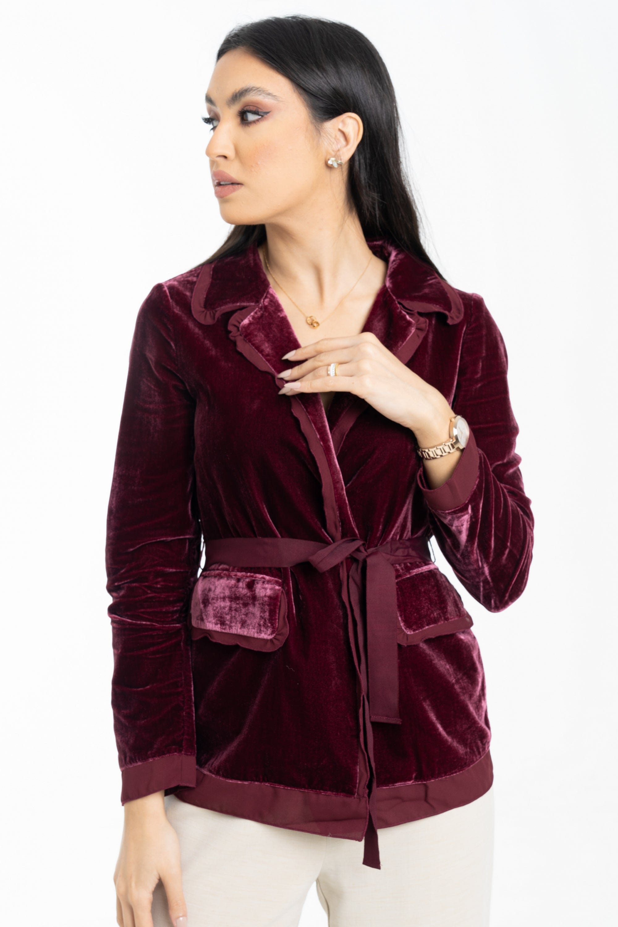 داليدرس جاكيت بجيوب جانبية كم طويل نسائي أرجواني داكن