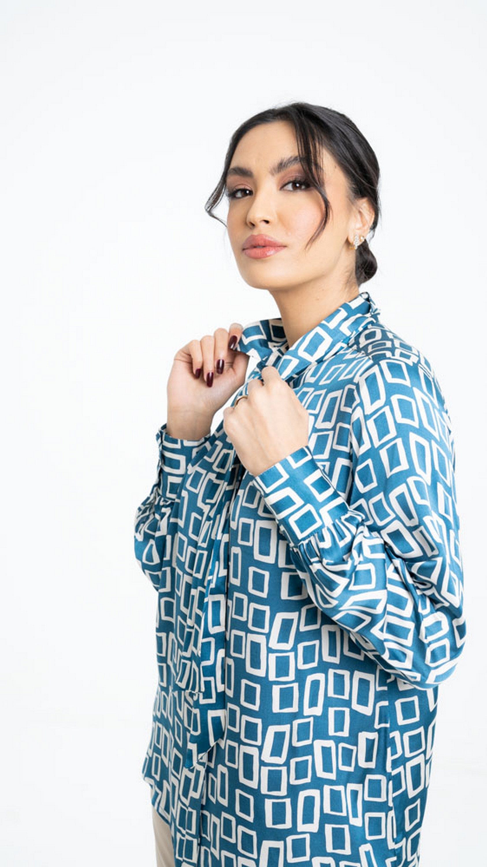 داليدرس بلوزة مربعات بأزرار أمامية وياقة طويلة نسائي