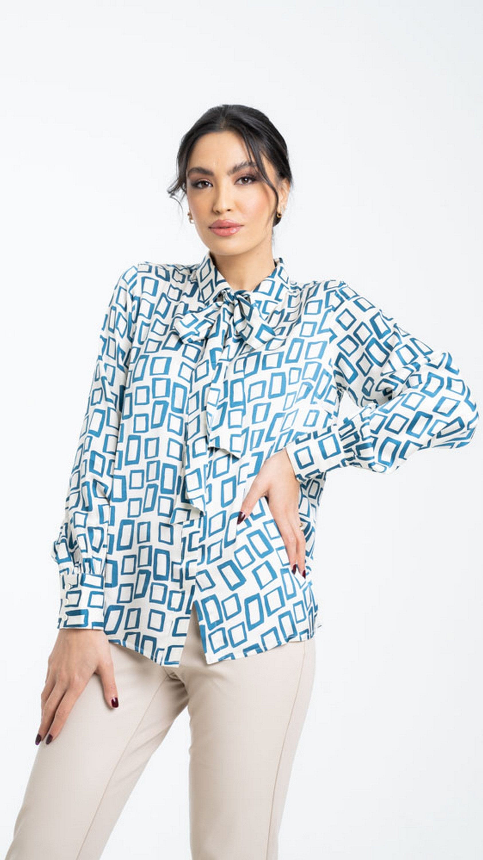 داليدرس بلوزة مربعات بأزرار أمامية وياقة طويلة نسائي