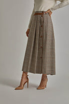 داليدرس تنورة ميدي كاروهات بأزرار أمامية بني ذهبي