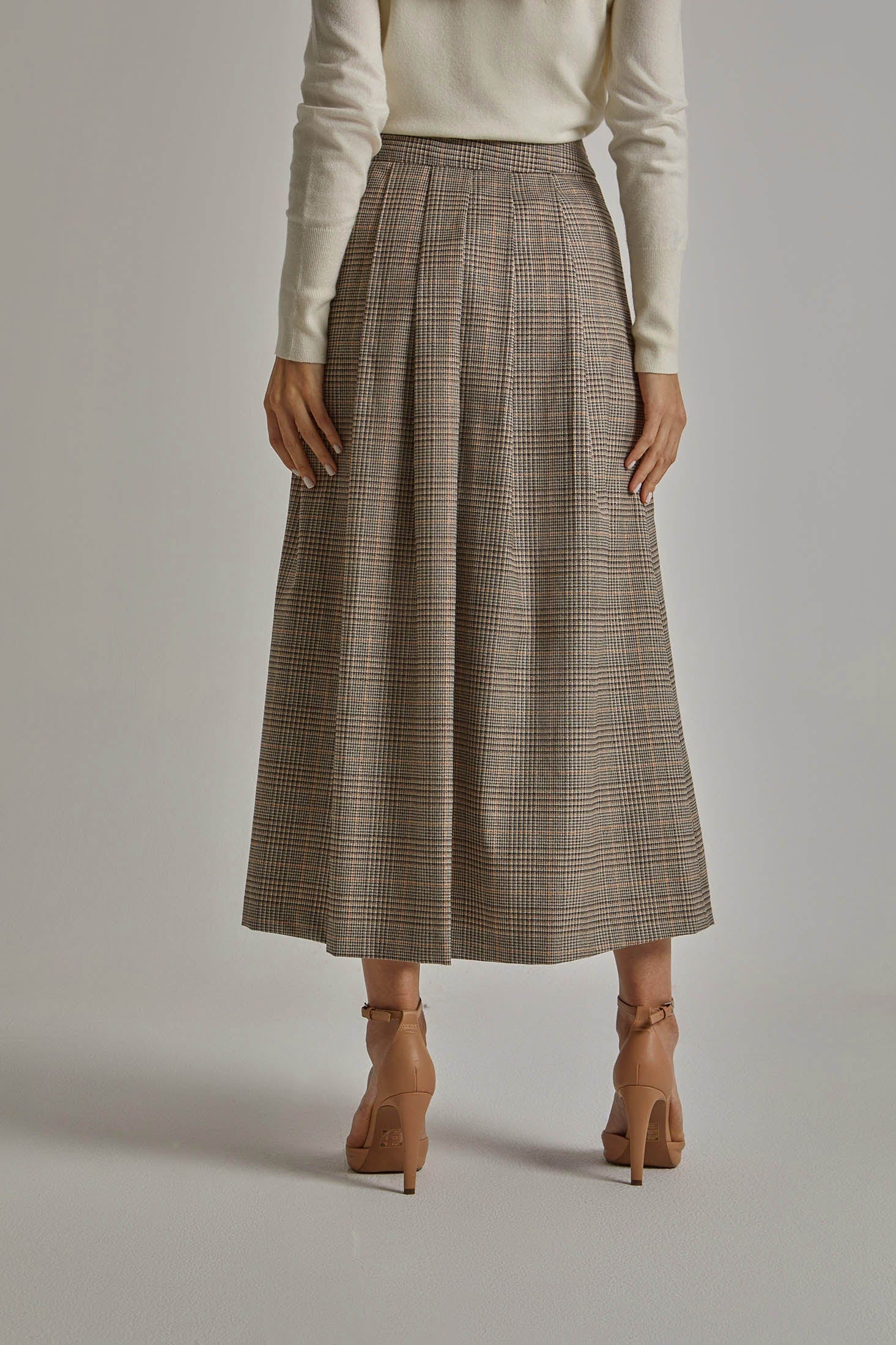 داليدرس تنورة ميدي كاروهات بأزرار أمامية بني ذهبي