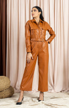 داليدرس جمبسوت جلد نسائي بحزام علي الخصر بني