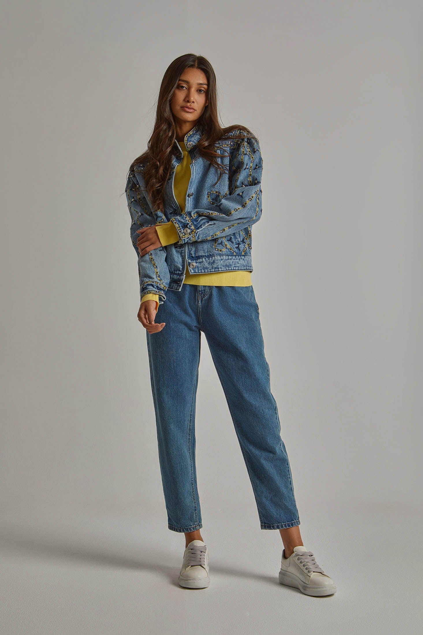 داليدرس جاكيت جينز مطرز كم طويل نسائي أزرق غامق