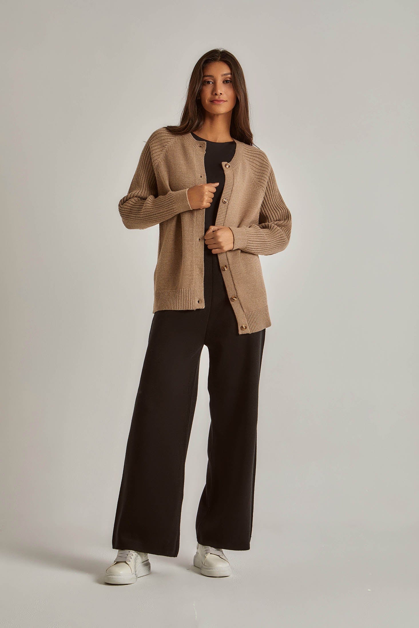 داليدرس كارديجان نسائي متوسطة الطول كم طويل نسائي بني رمادي