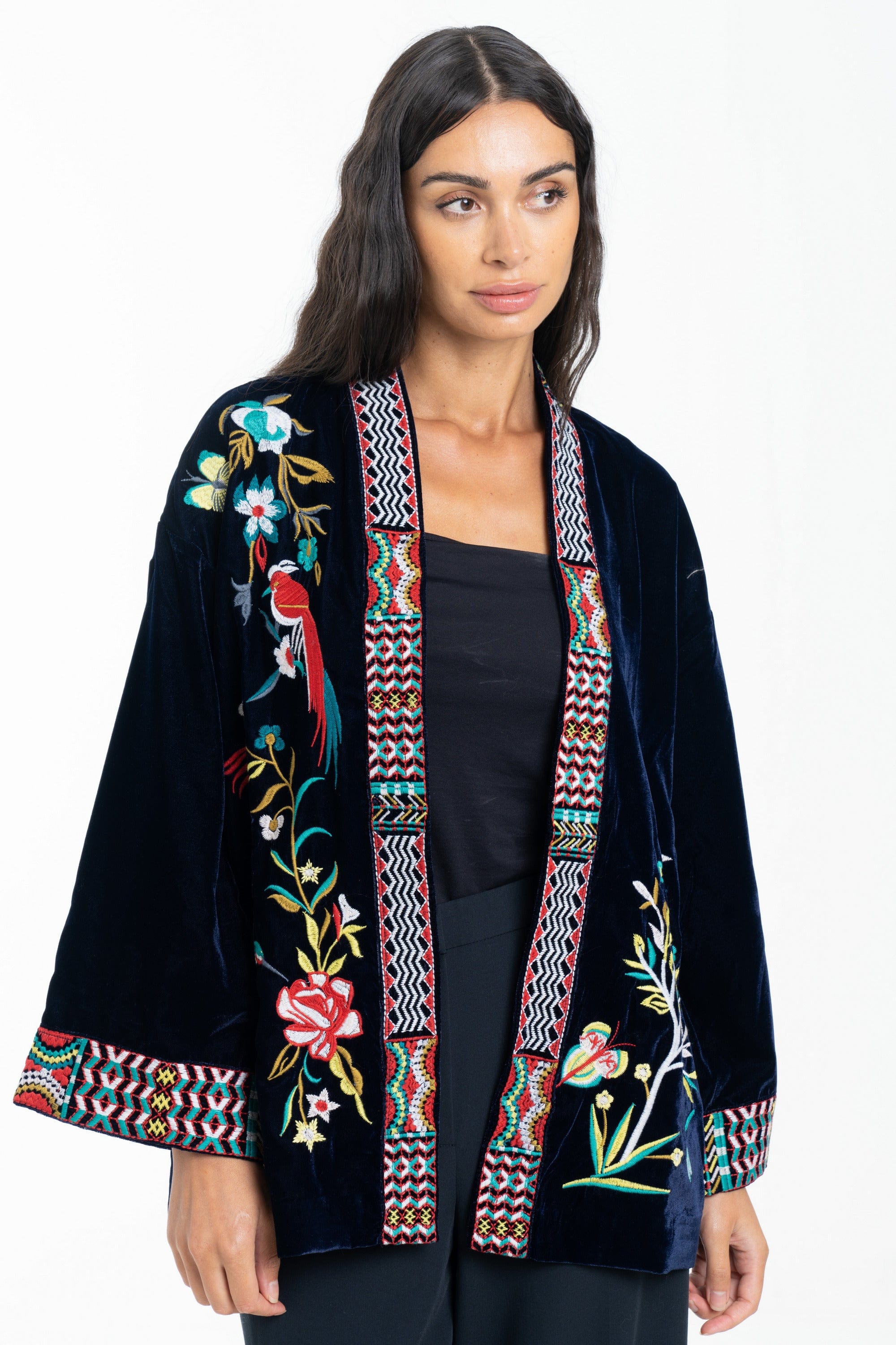 داليدرس كيمونو مفتوح مطرز بالخيوط كم طويل واسع نسائي أسود سحلبي