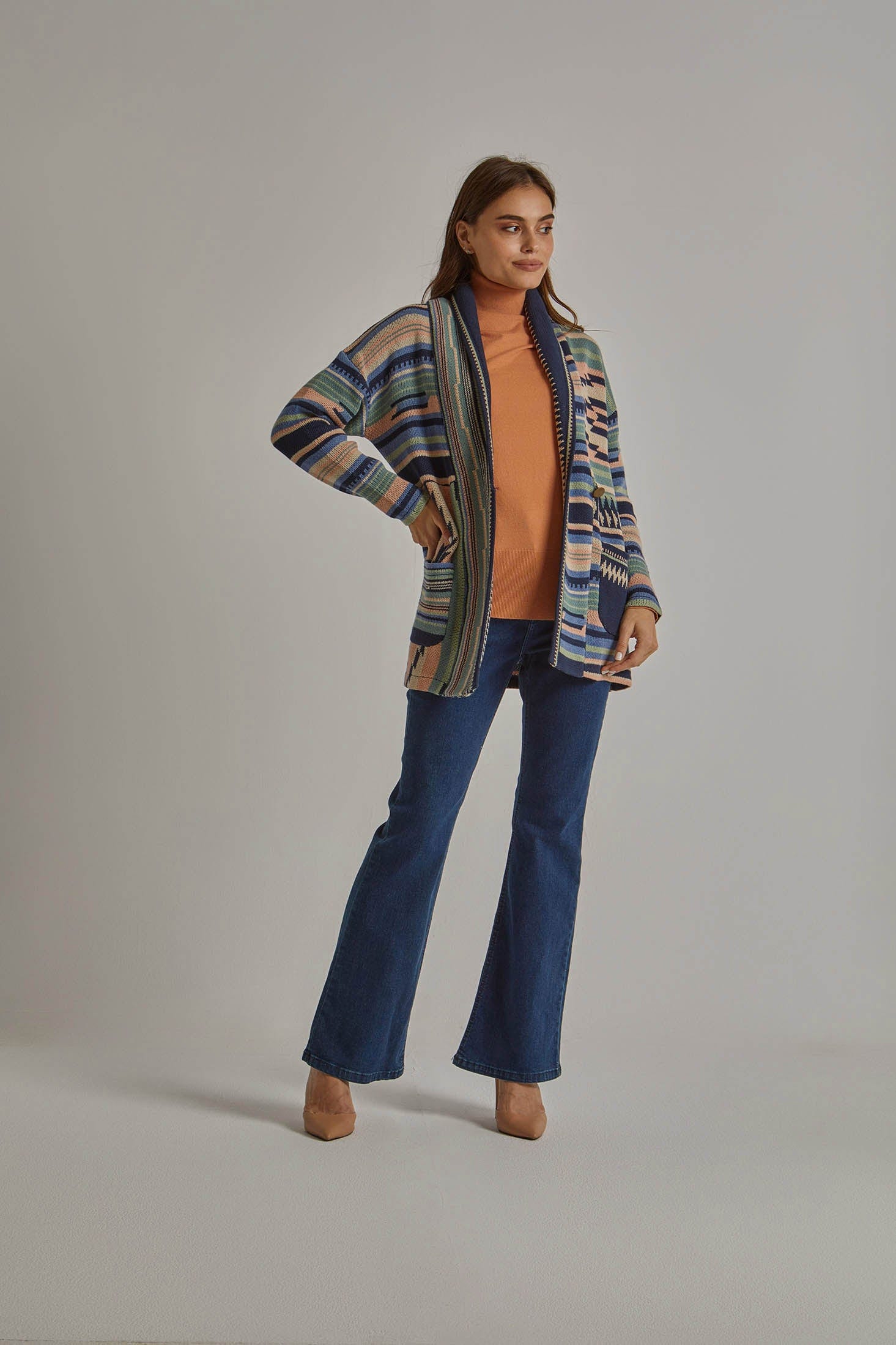 داليدرس كارديجان شتوي ألوان متداخلة كم طويل نسائي متعدد الألوان