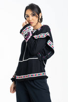 داليدرس بلوزة نسائي طويلة أكمام طويلة مطرزة على الصدر والأكمام أسود