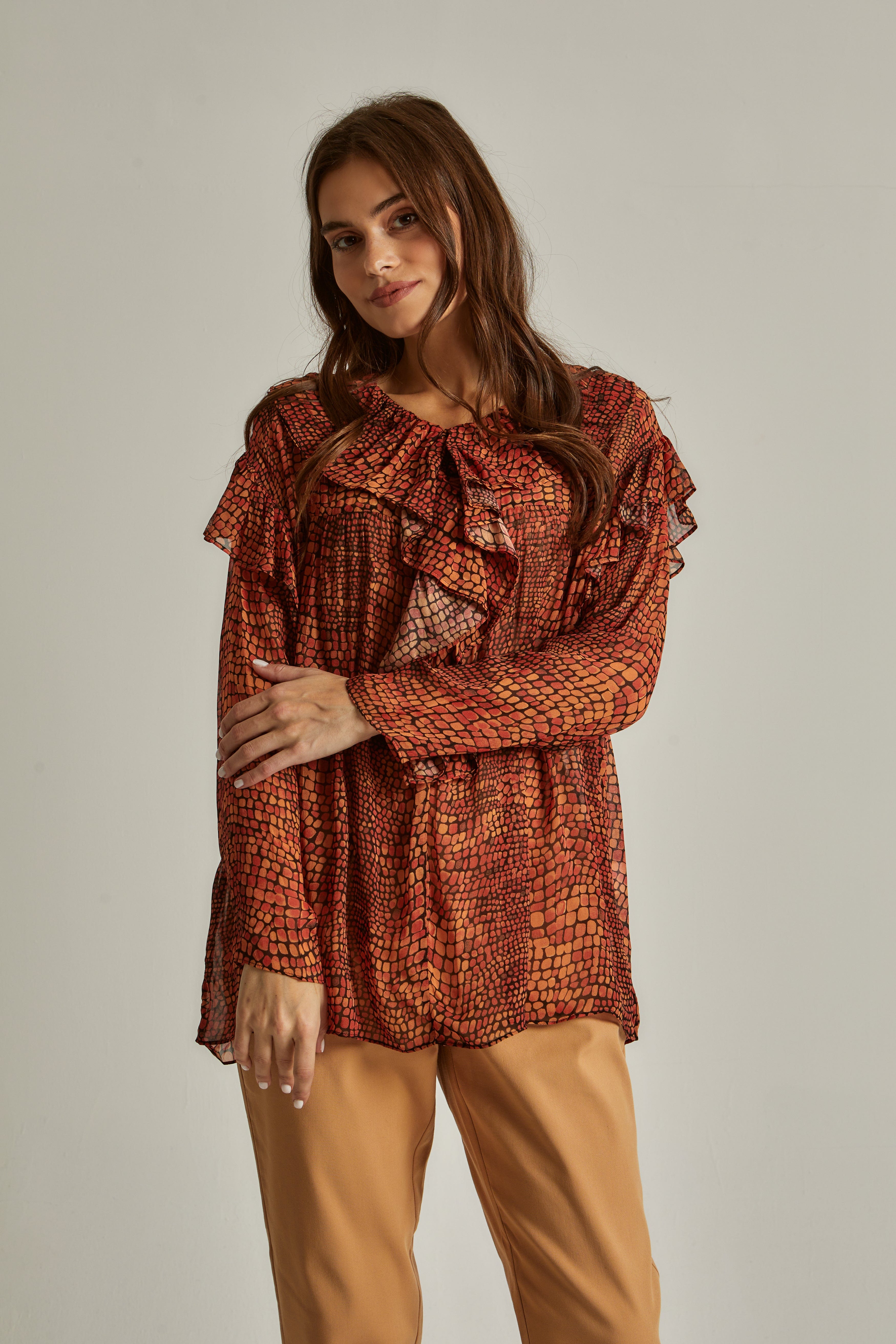 داليدرس بلوزة نسائية منقوشة بنقشة ثعبان برتقالي قاتم