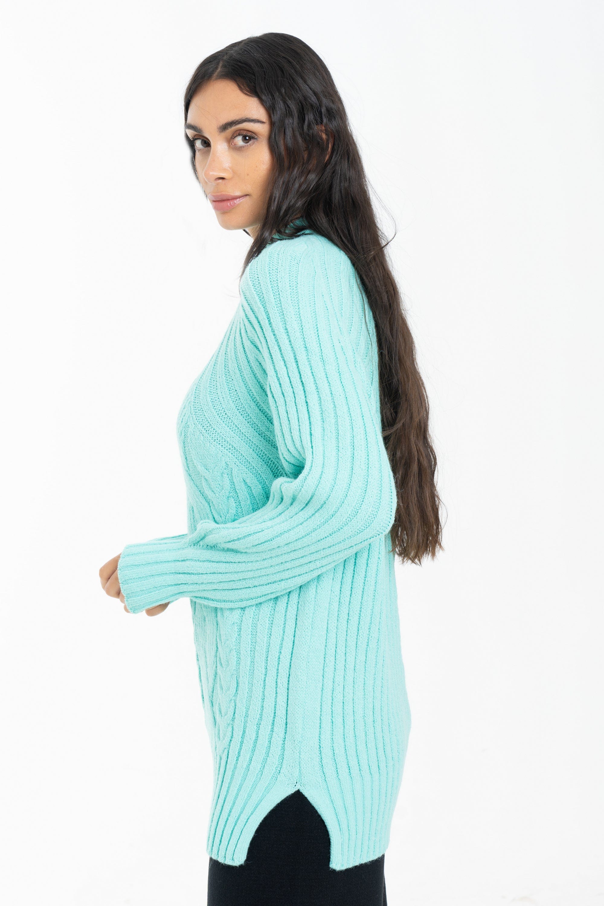 داليدرس بلوزة طويلة مضلعة كم طويل نسائي تركواز