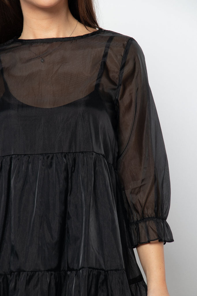 كيتشن فستان قصير كم طويل بف واسع أسود