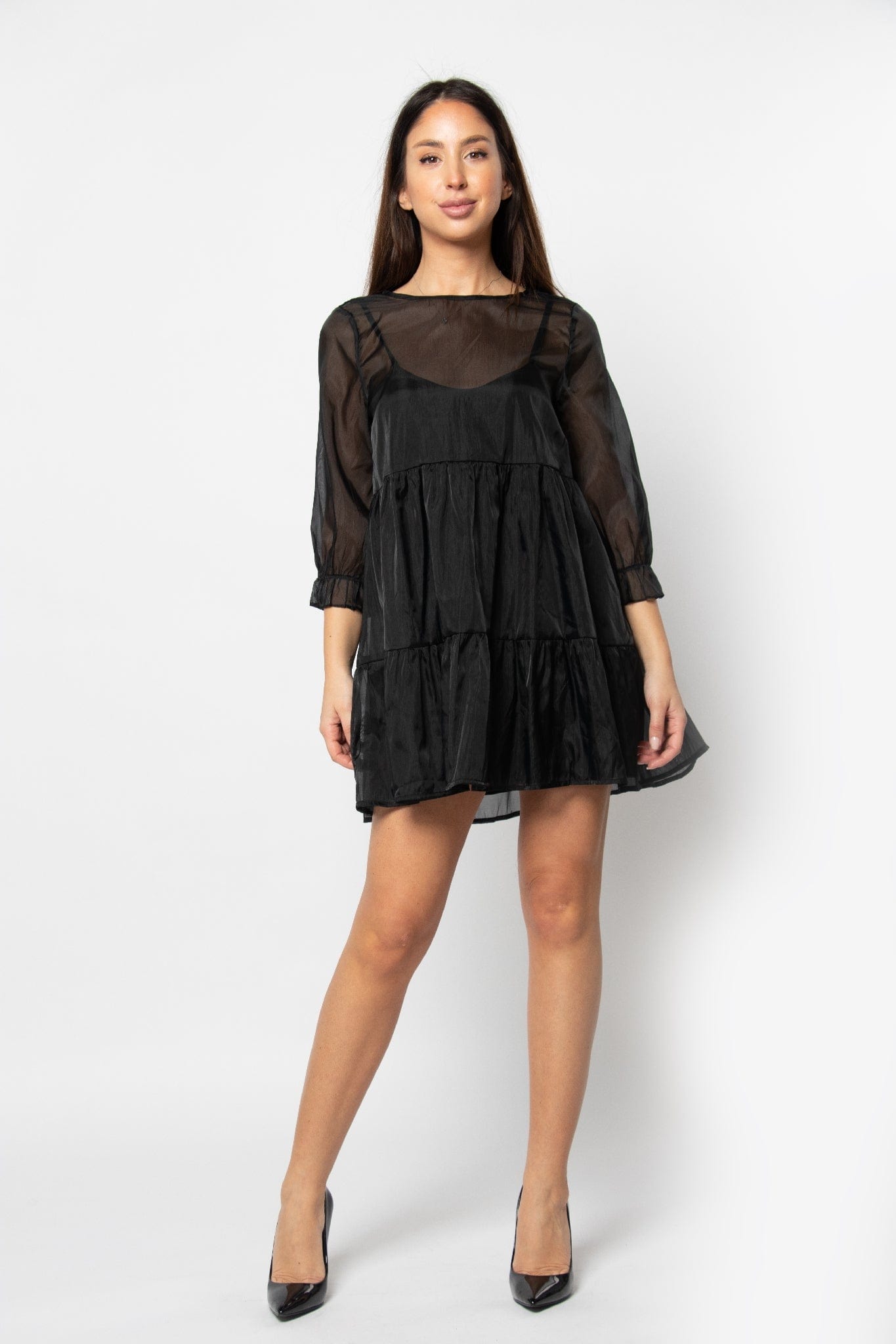 كيتشن فستان قصير كم طويل بف واسع أسود