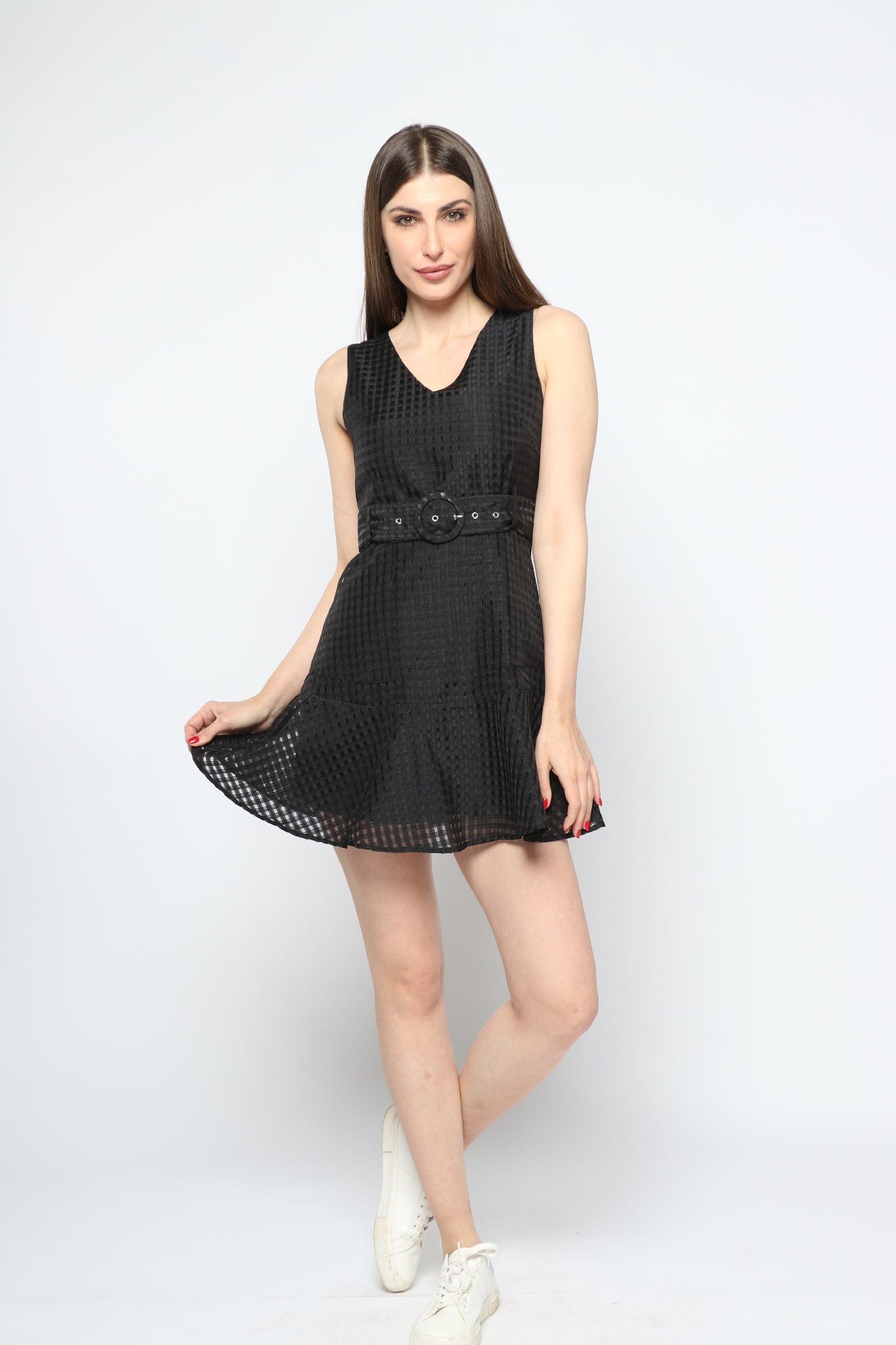 كيتشن فستان نسائي قصير بدون أكمام بحزام علي الخصر