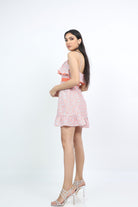 كيتشن فستان قصير نسائي مزهر بحمالات الخوخ الوردي