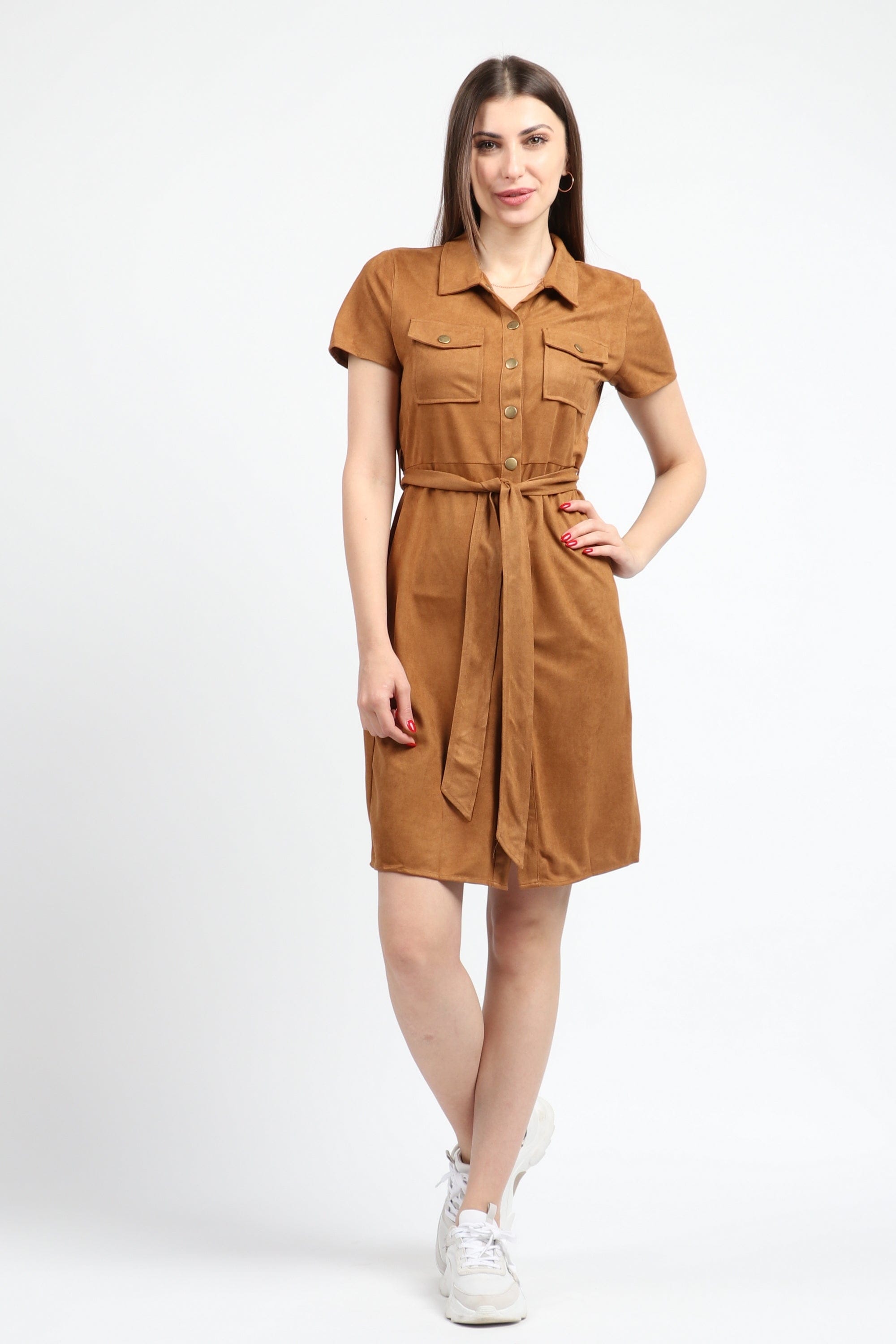 كيتشن فستان ميدي كاجوال بأزار وجيوب أمامية ورباط خصر كم قصير