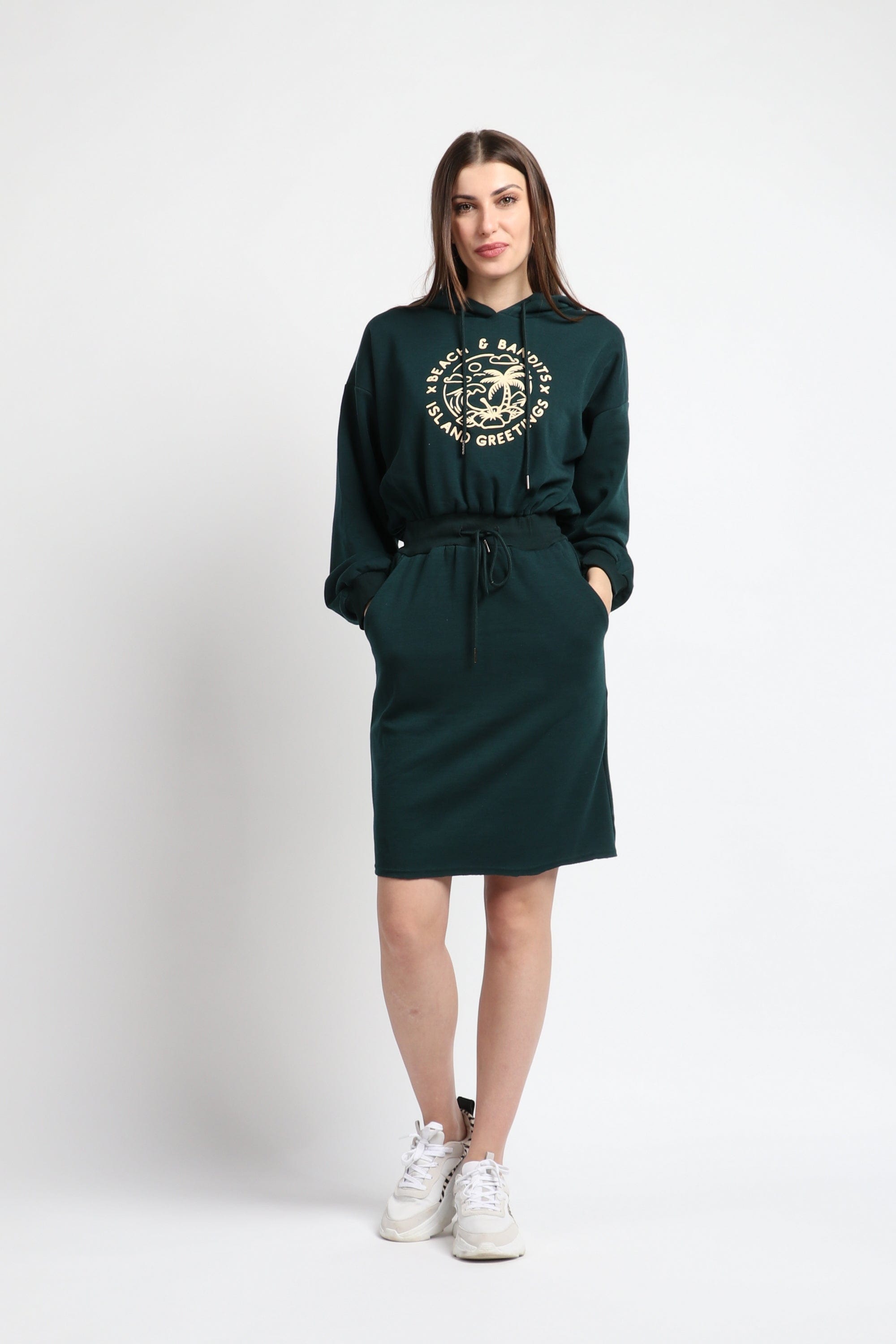 كيتشن فستان ميدي مخصر برباط على الخصر كم طويل بف زمردي