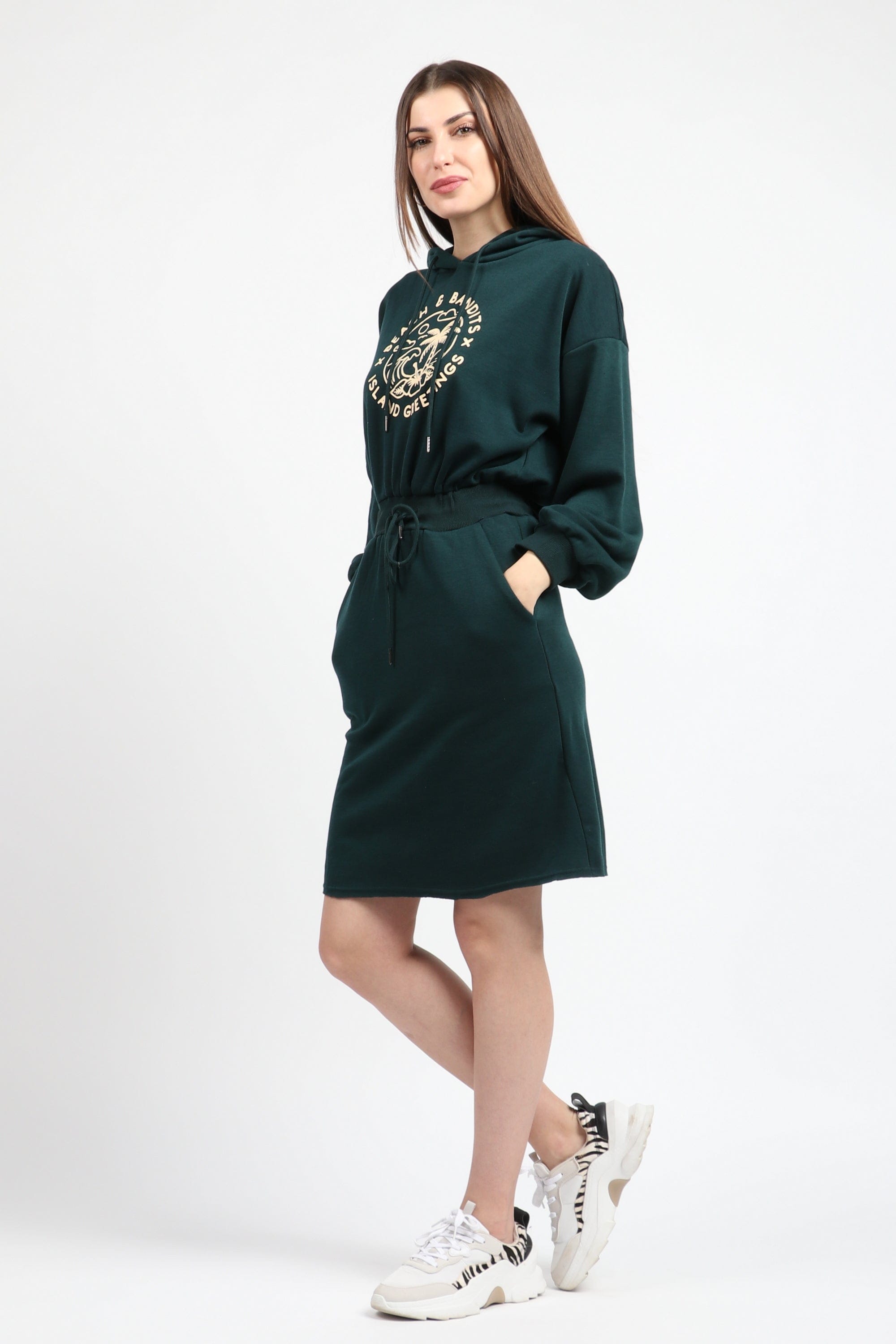 كيتشن فستان ميدي مخصر برباط على الخصر كم طويل بف زمردي